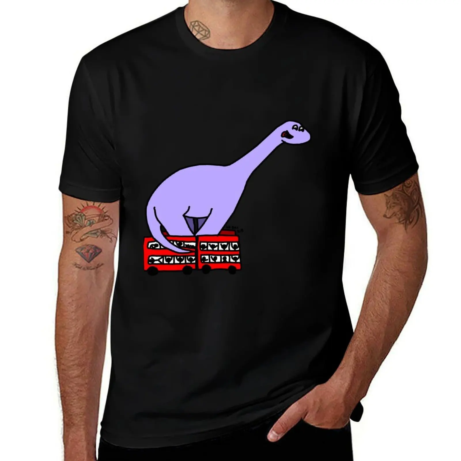 Dinosaur on 4 Double Decker Buses T-Shirt Large Size Loose Casual Tee T-Shirt