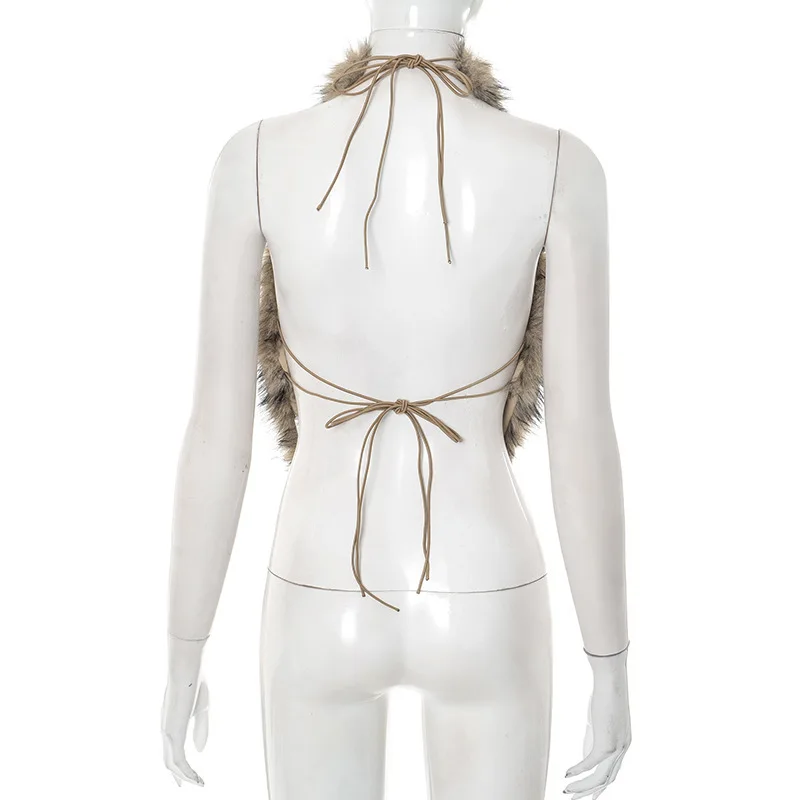 بلوزة رسن من الفرو الصناعي للسيدات Y2K سترة شتوية دافئة من الفرو بدون أكمام مقصوصة بدون ظهر ملابس خروج للحفلات والنوادي سترة شتوية دافئة فروي #4