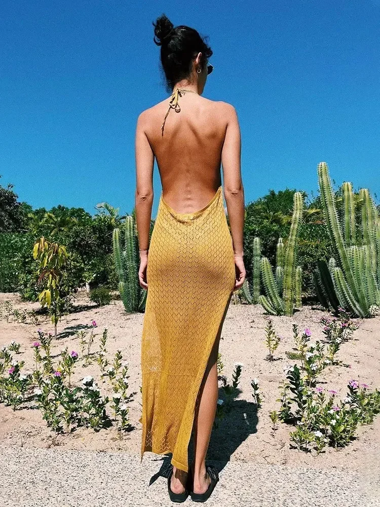 2024 Yellow Crochet Tunic Sexy Halter Neck Sleeveless Beach Maxi Dress Summer Women Clothing Beach Wear Swim Suit Cover Up A1219