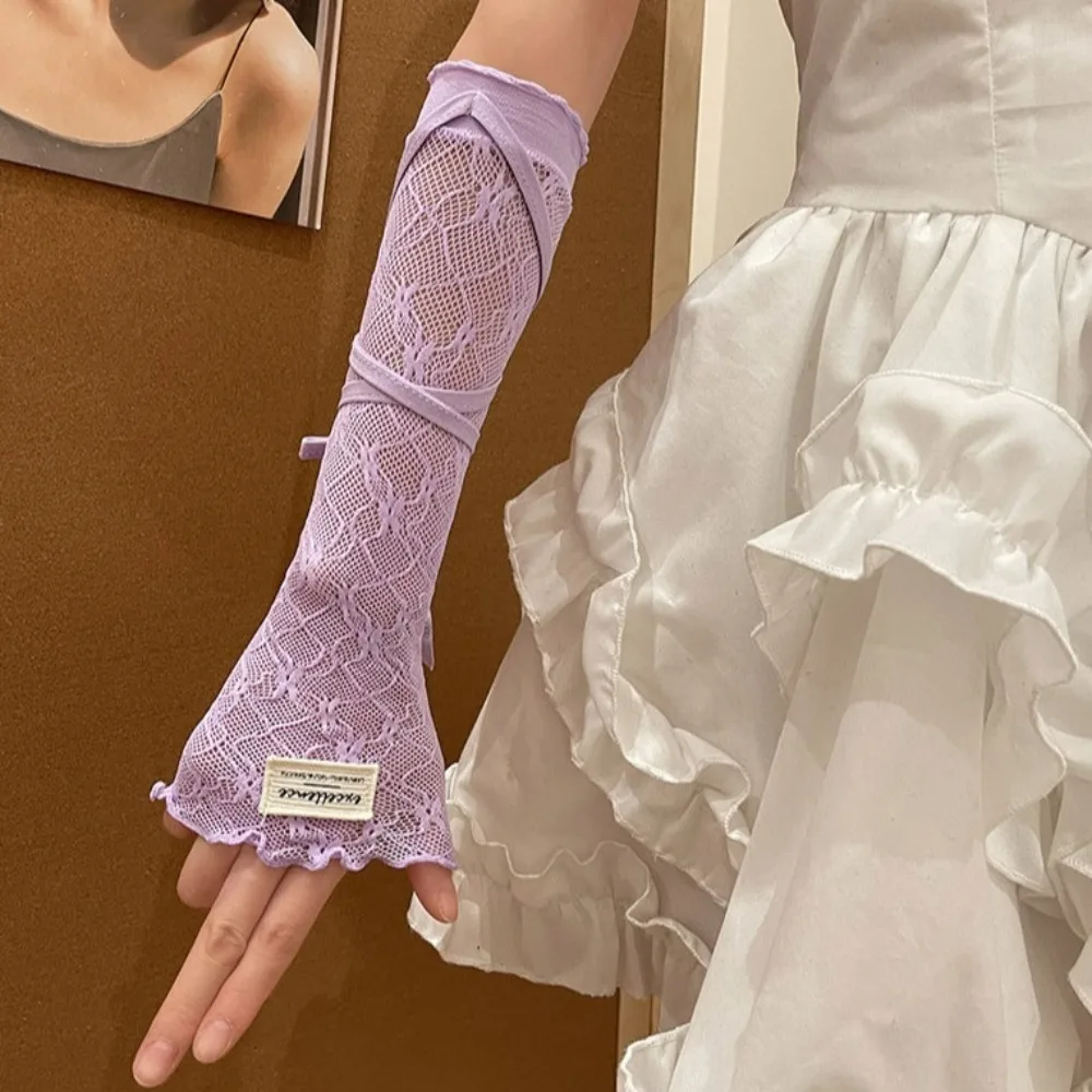 Elastic Y2K Lace Arm Sleeves Sweet Korean Style Ballet Style Arm Covers DIY Ribbon Fingerless Gloves Clothing Accessories