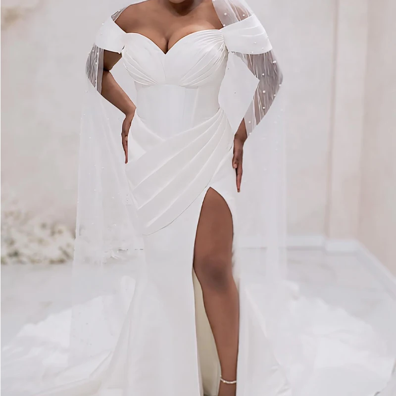

Neat White Mermaid Wedding Dresses for Black Bride Off Shoulder Side Split Sweep Train Pleats Africa Bridal Gowns Customized