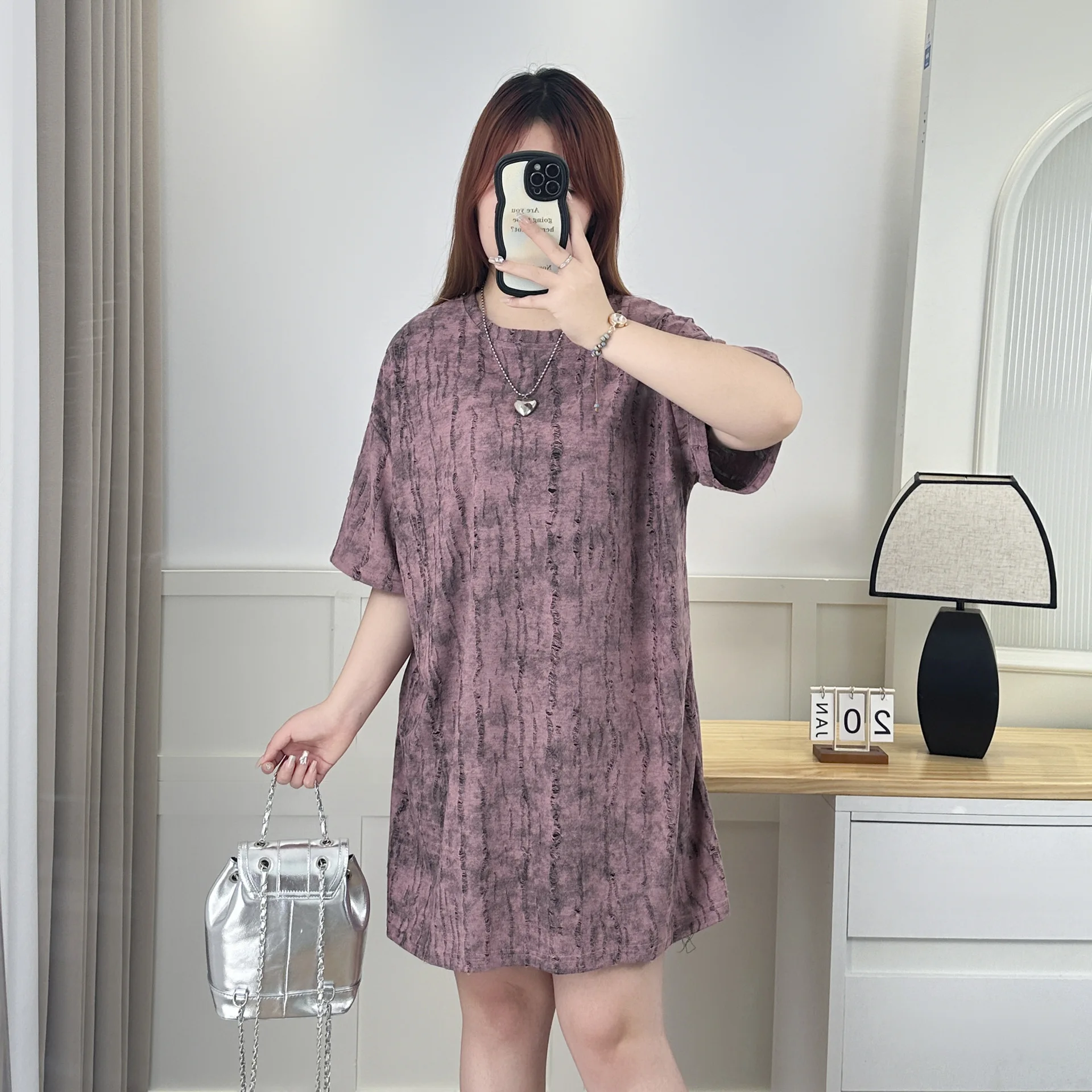 Gaun Wanita Ukuran Besar 100KG Gaun Lengan Pendek Lubang Robek Panjang Menengah Modis Baru Musim Panas 1648