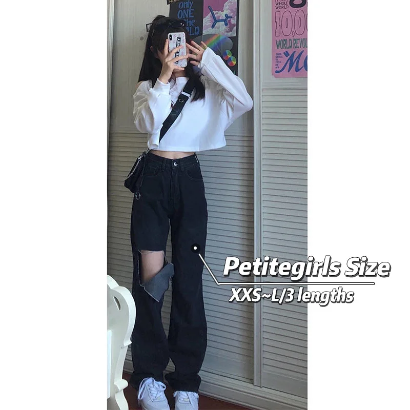 

150cm Petite Girls Broken Hole Jeans High-waisted Retro Wide-leg Pants Spicy Sister ins Tide Straight Ankle Length XS Summer