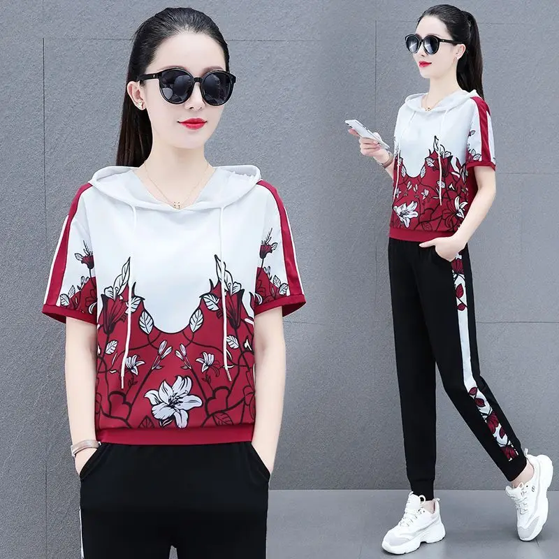 Leisure Sports Women\'s Set 2024 New Summer Hooded Belly Covering T-shirt+casual Cropped Pants Two-piece Sports Set for Women