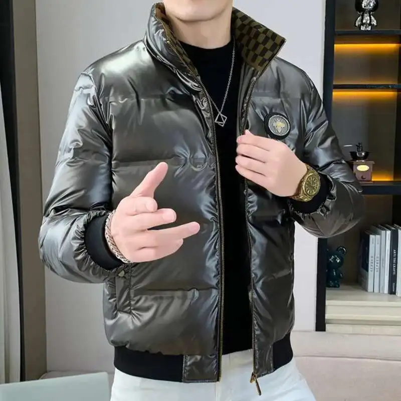 2023 Stand Collar Shinny Down Solid Color Coat Men Winter Long Sleeve Jacket Letter Print Jacket Men Shiny Down Jacket Black