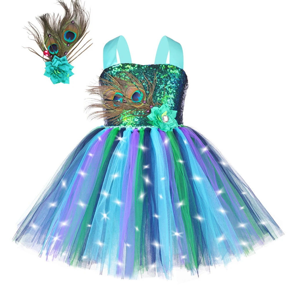 Led Light Peacock Costume for Girls Sequins Flower Feathers Tutu Dress for Kids Halloween New Year Outfit Birthday Party Clothes