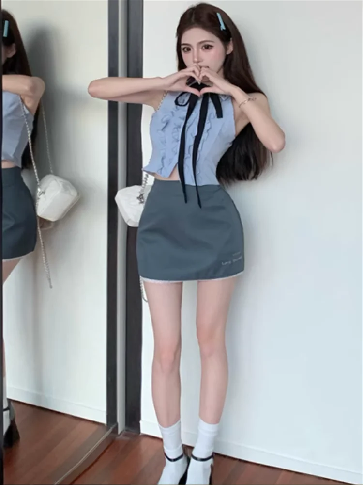 Y2k Sweet Spice Girl 2 Piece Sets Summer Sleeveless Ruffles Bow Short Tank Shirt Top&High Waist Mini Pencil Skirt Cute 2pc Suits