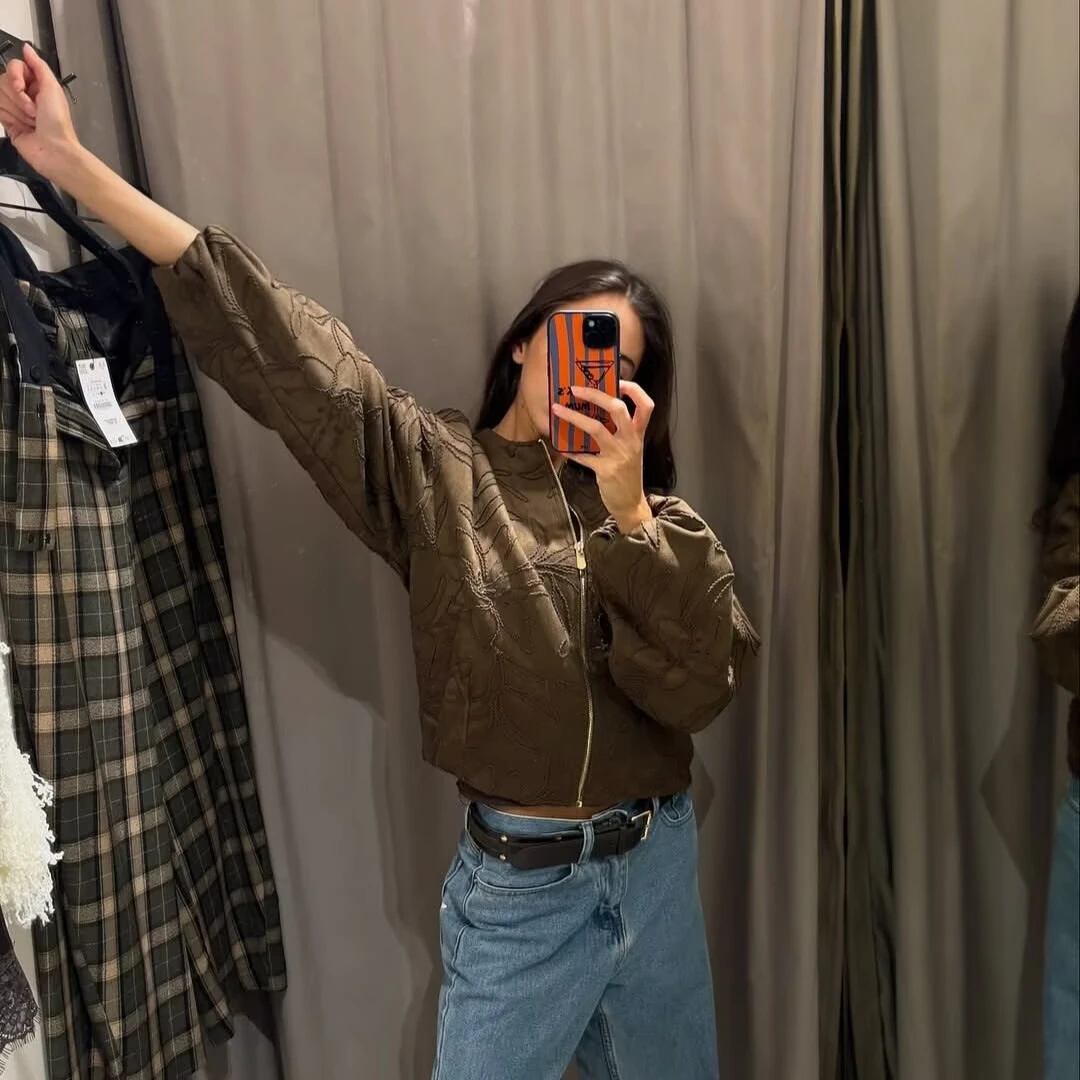 Suninheart 2025 Women Faux Suede Embroidery Bomber Jacket Vintage Long Sleeve O Neck Loose Outerwear Short Autumn Winter Coat