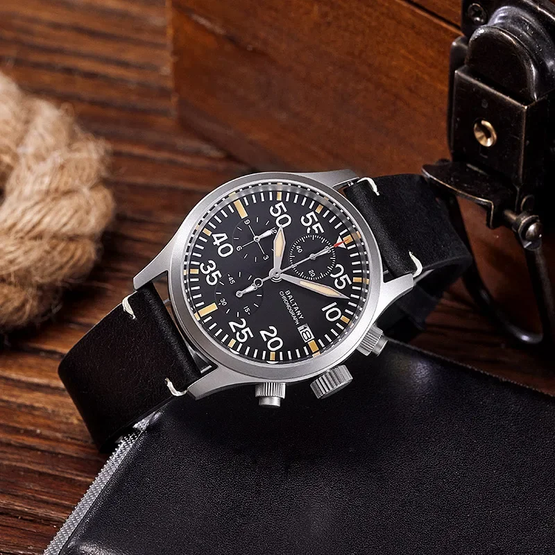 Baltany Quartz Chronograph S5045 Sunburst Blue Dial VK67 100M Stainless Steel Calendar Window Sapphire Vintage Military Watches