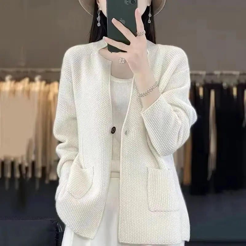 

Autumn Winter 2025 New Korean V-neck Knitting Cardigan Women's Sweater Jacket Loose High Quality Ladies Sweater Coat Female Tops