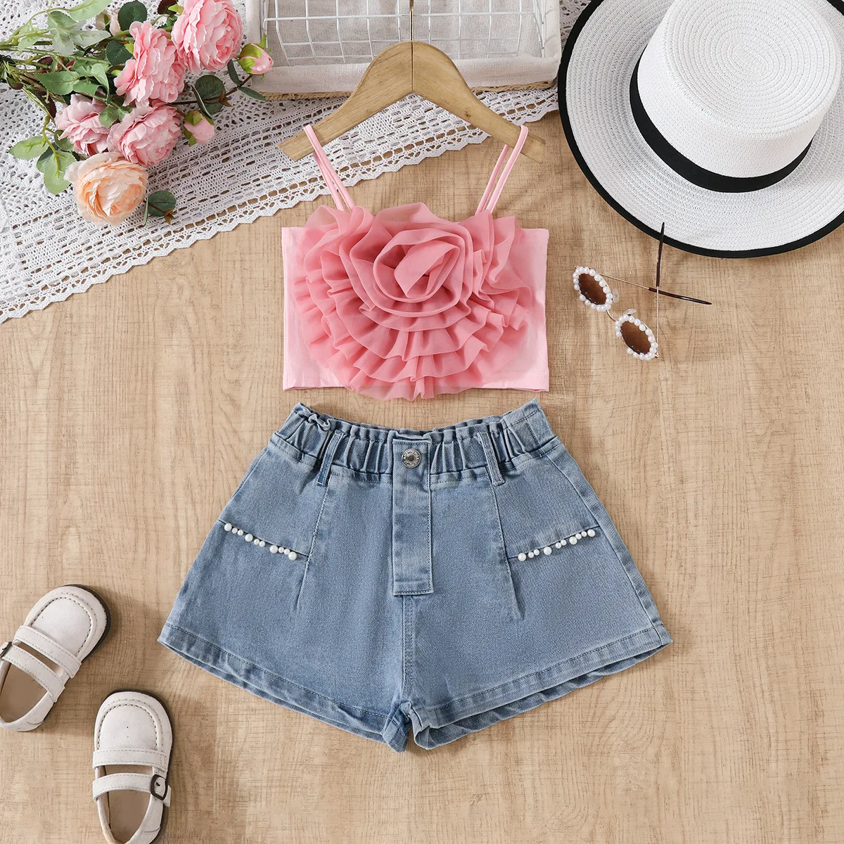 2025-novo-conjunto-de-verao-para-meninas-tencel-strap-top-strap-denim-shorts-conjunto-de-duas-pecas