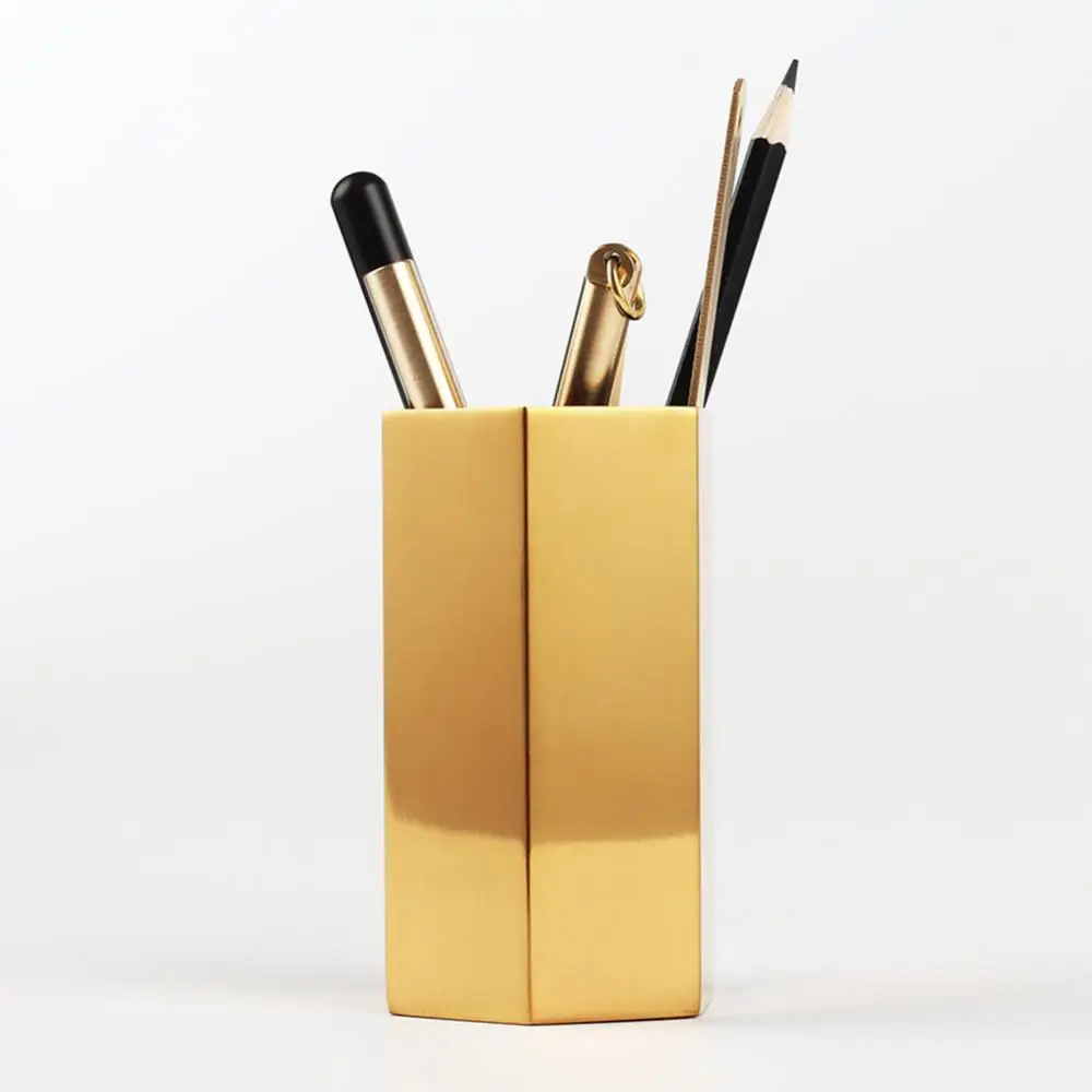 Gold Hexagonal Multifunction Desk Organizer Container Pen Pencil Holder Makeup Brush Storage Box Desktop Storage for Home Office
