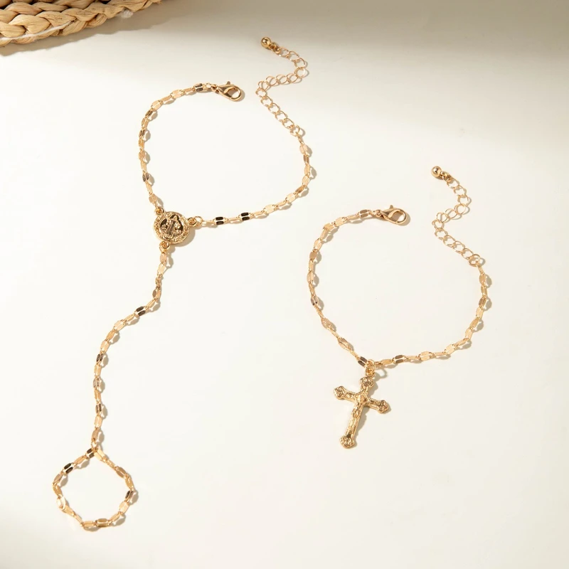 2-قطعة/مجموعة سلسلة ذهبية اللون عبر لوحة دائرية تمثال إصبع سوار ، إكسسوارات مجوهرات عصرية وعصرية للنساء #2