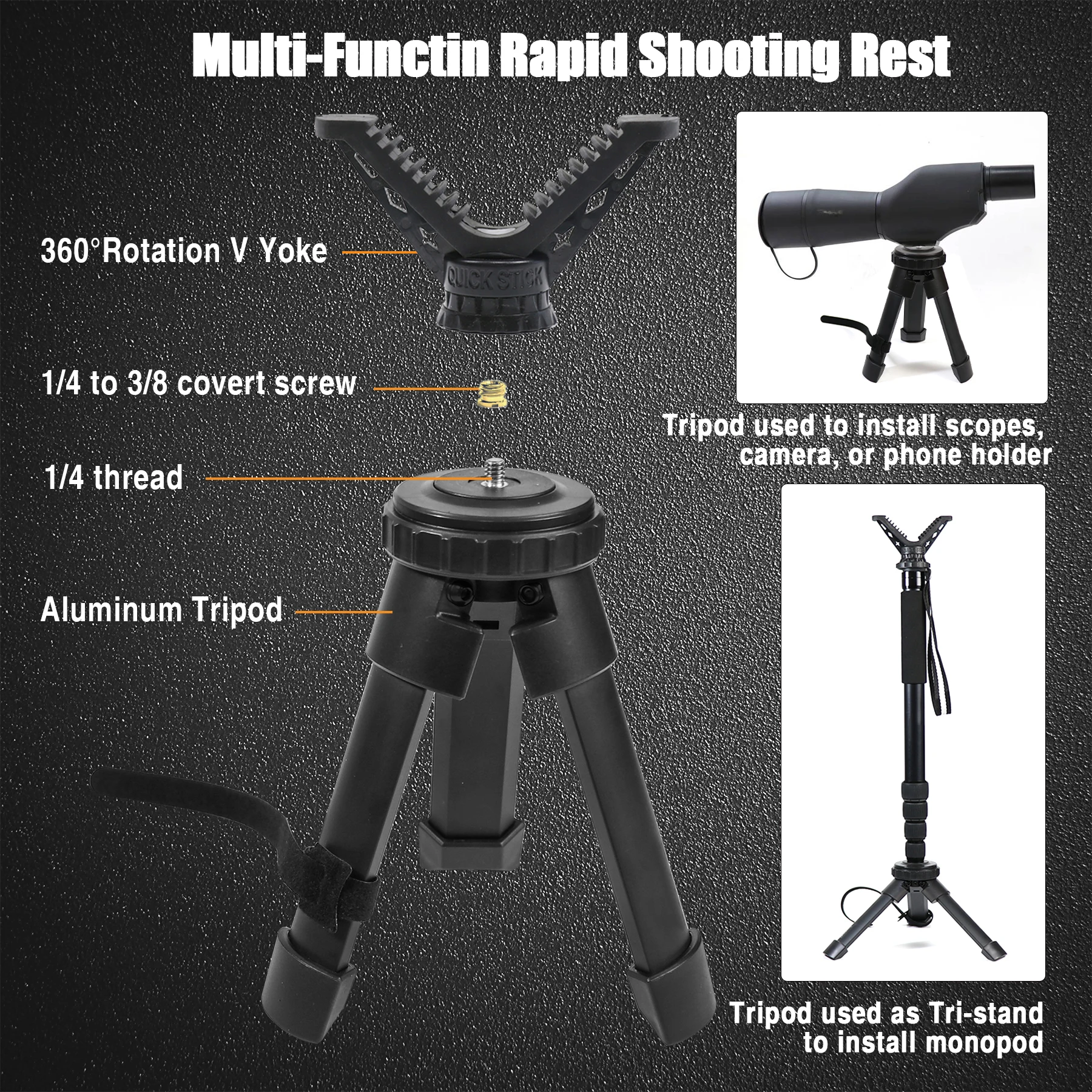 Soporte táctico de tiro, altura ajustable, trípode compacto para Rifle, Yoke en V, construcción de aluminio duradera para tiro y caza