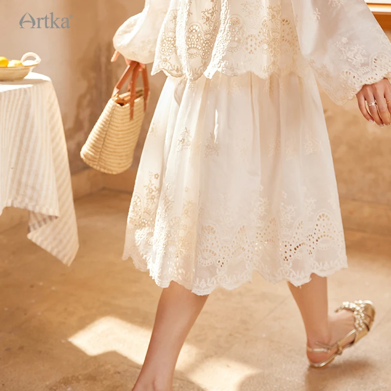 ARTKA 2024 Summer New Women Blouse Set French Elegant Hollow Embroidery Lace Shirts Three-piece Set A-Line Skirt Shorts SA92332Q