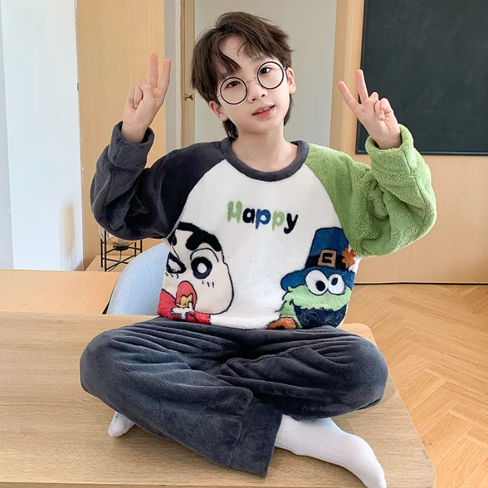 2 قطعة الكرتون تلوين شين تشان بنين الأطفال المخملية منامة مجموعة البلوز السراويل أنيمي اليابانية الكرتون الخريف الشتاء ملابس منزلية جديدة #2