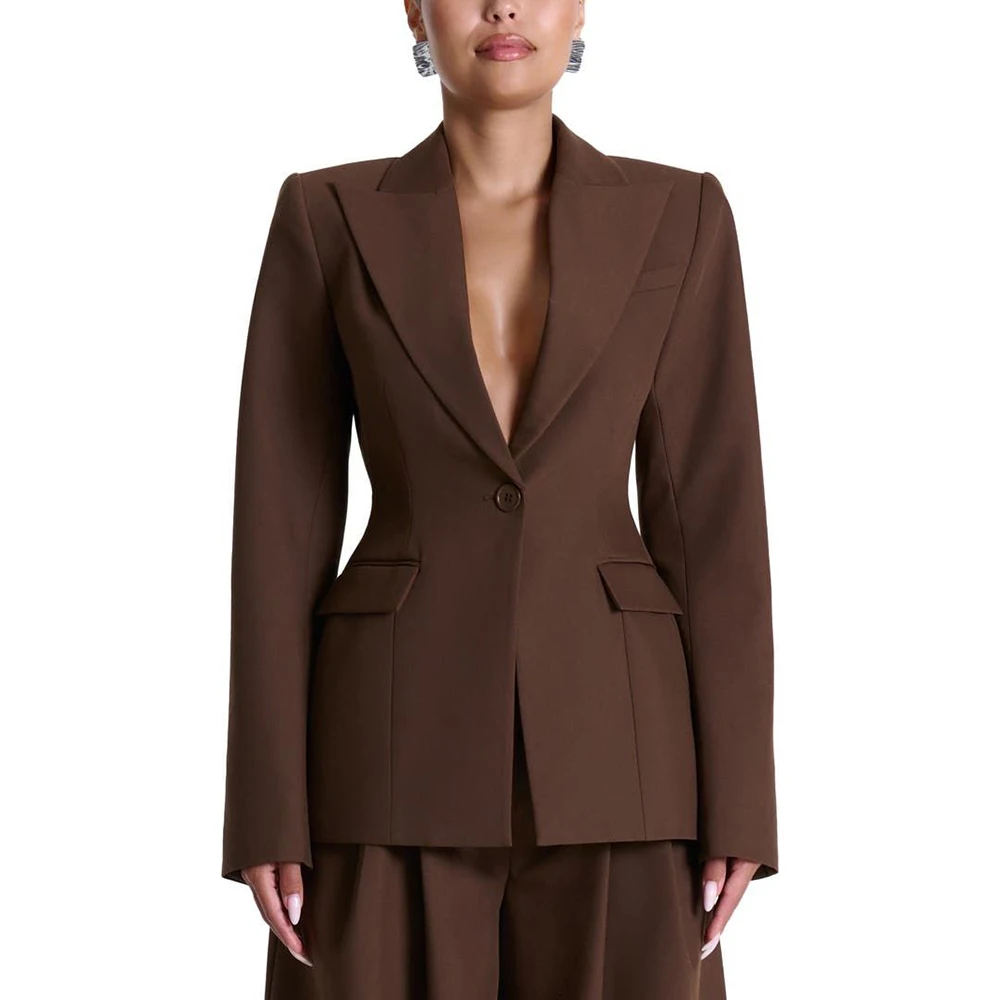 Brown Women's Suits 2 Piece Jacket Pants Elegant Evening One-Button Peak Lapel Blazer Customzied Pleated Trouser Clothing