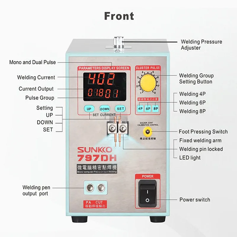 SUNKKO 18650 배터리 스폿 용접기, 최대 0.35mm 정밀 펄스 용접기 두께, 3.8KW 고출력 스폿 용접기, 797DH