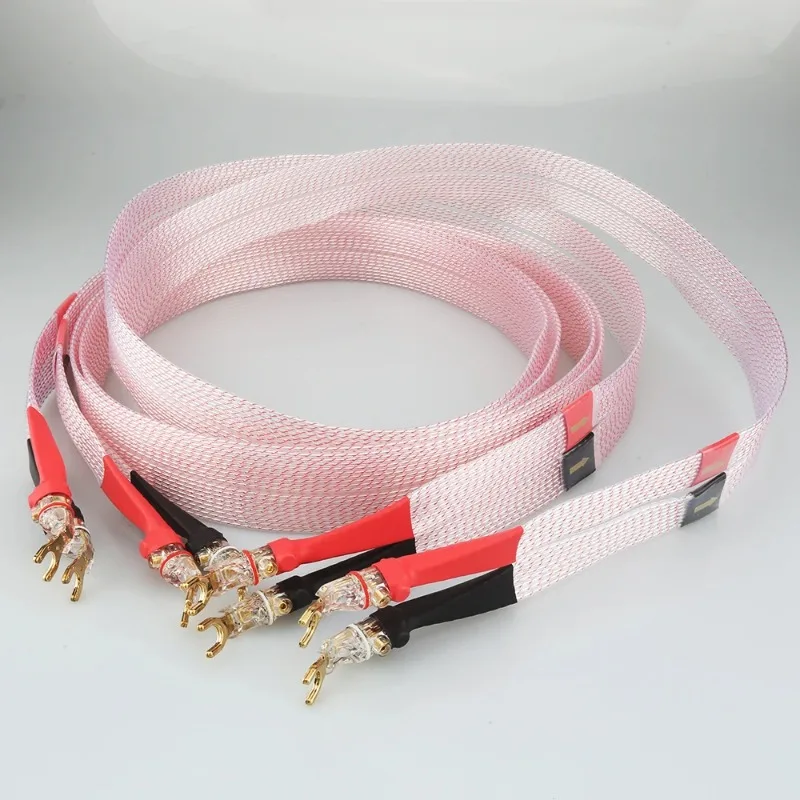 Pair 7N OCC Copper Silver Plated Flat Hifi Speaker Cable Loudspeaker Cable Wire with Gold Plated Banana Y Spade Plug