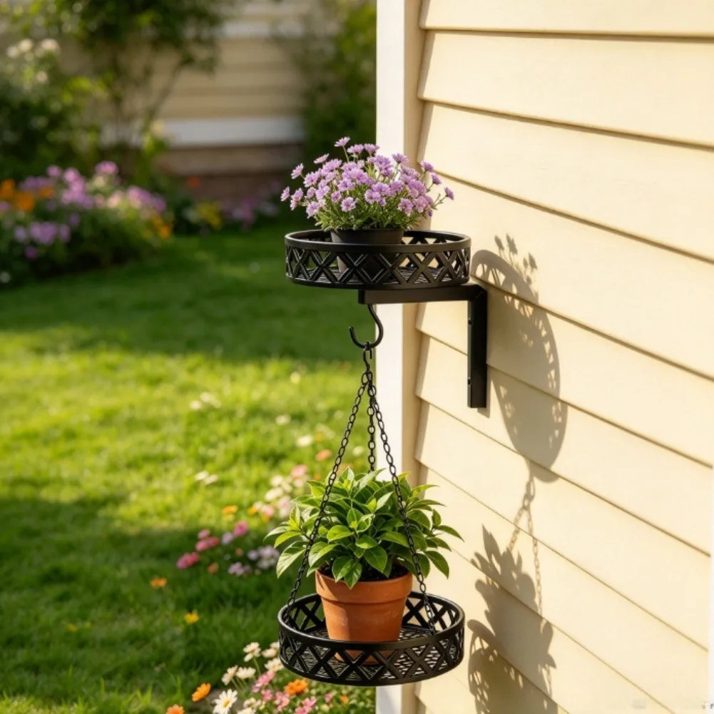 Black Iron Garden Wall Decor with Dual Tier Layout for Bird Feeding and Pot Holding Suitable for Balcony Patio Courtyard Use