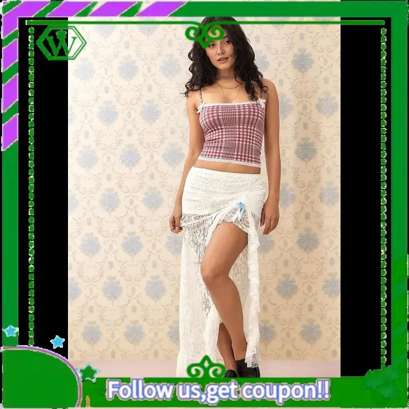 

A18P-Женские укороченные топы на бретелях с квадратным вырезом Y2k в клетку, топы на бретельках с кружевной отделкой и бантом спереди, рубашка на бретельках