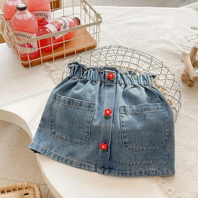 All-Match Girl\'S A-Line Denim Skirt Spring And Summer New Clothes Baby Flower Button Denim Skirt Children\'S Princess Short Skirt