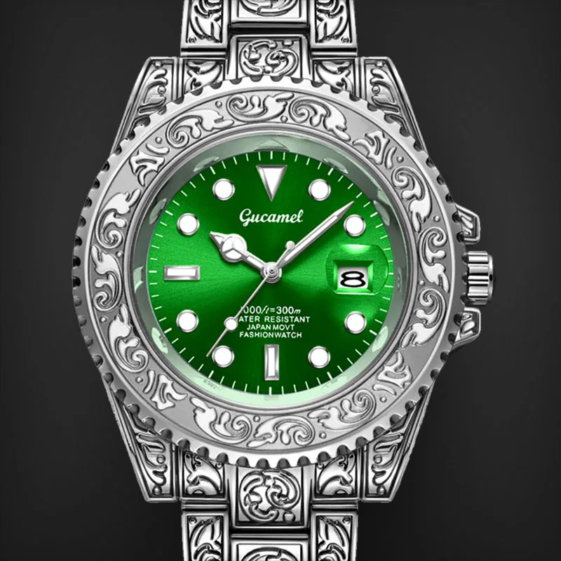 Vintage* Engraved Men’s Quartz Watch with Calendar, Diver-Style Waterproof Wristwatch, Hot-Selling Export Model