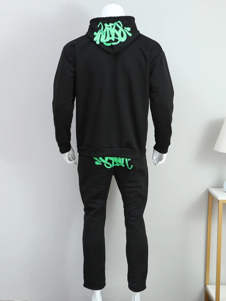 Casual Loose Cotton Printed Tracksuit Y2k Street Men Hoodies Straight Pants 2 Piece Set Hip Hop Sports Hooded Pullover Trousers