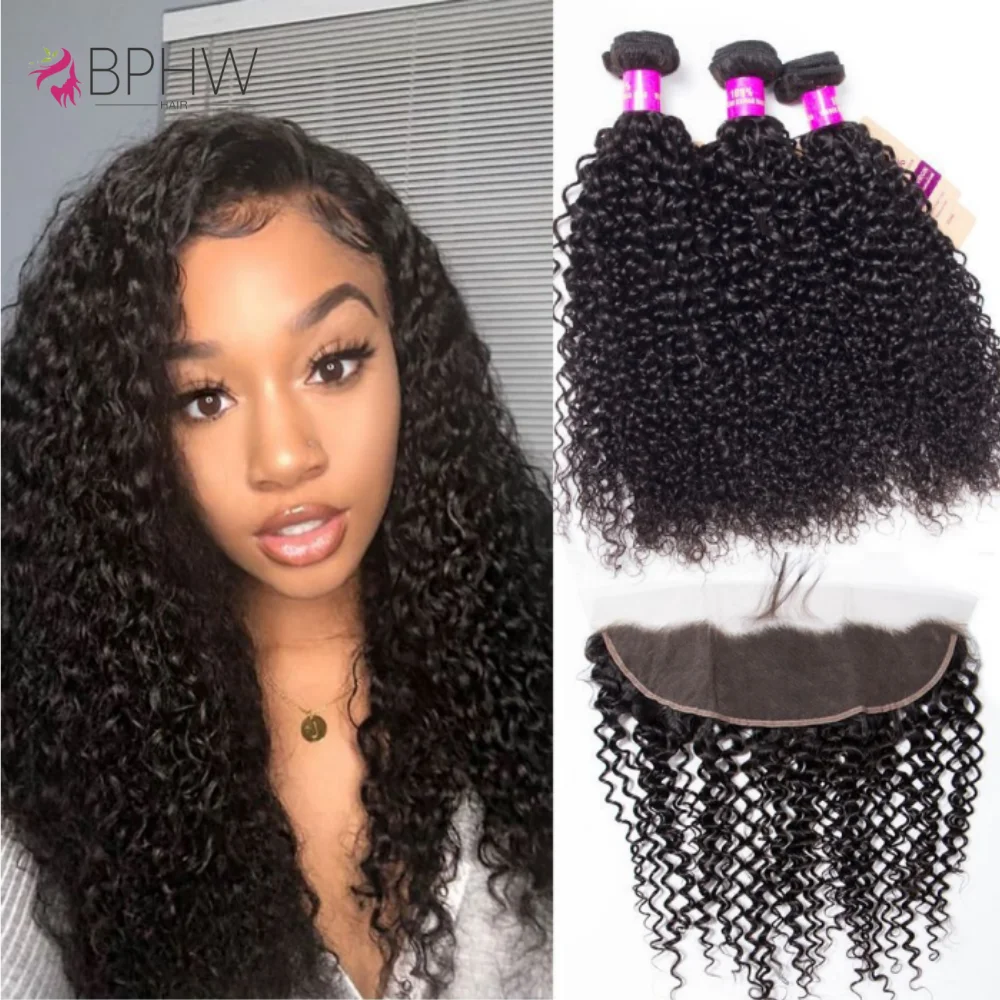

Kinky Curly Human Hair 3 Bundles With 13x4 Frontal Brazilian Hair Bundles With Closure Remy 100% Human Hair Extension BPHW Hair