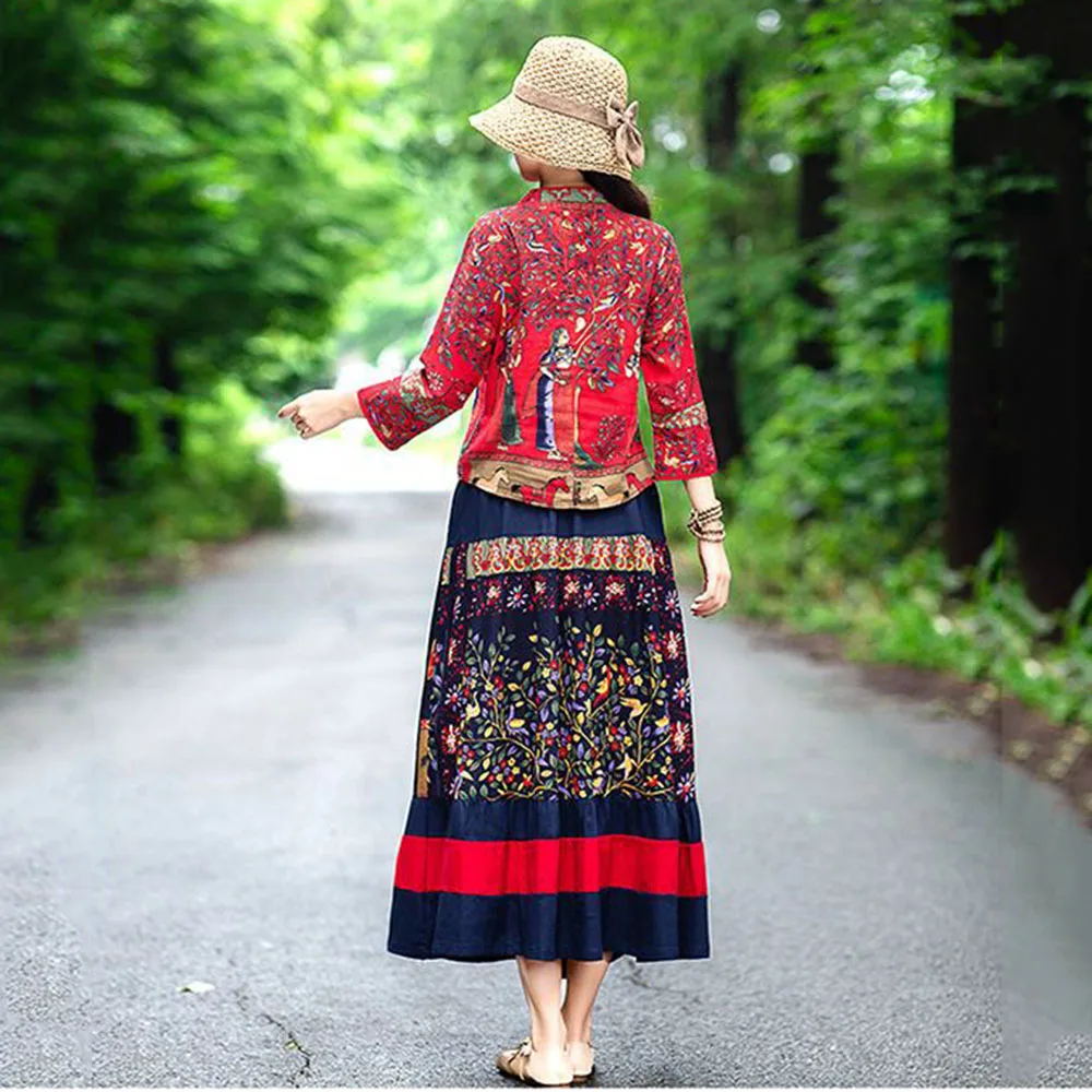 Ethnic Women's Long-sleeved Dress Spring And Autumn New Large-size Printed Cheongsam Top Skirt Two-piece Casual Summer Dress.