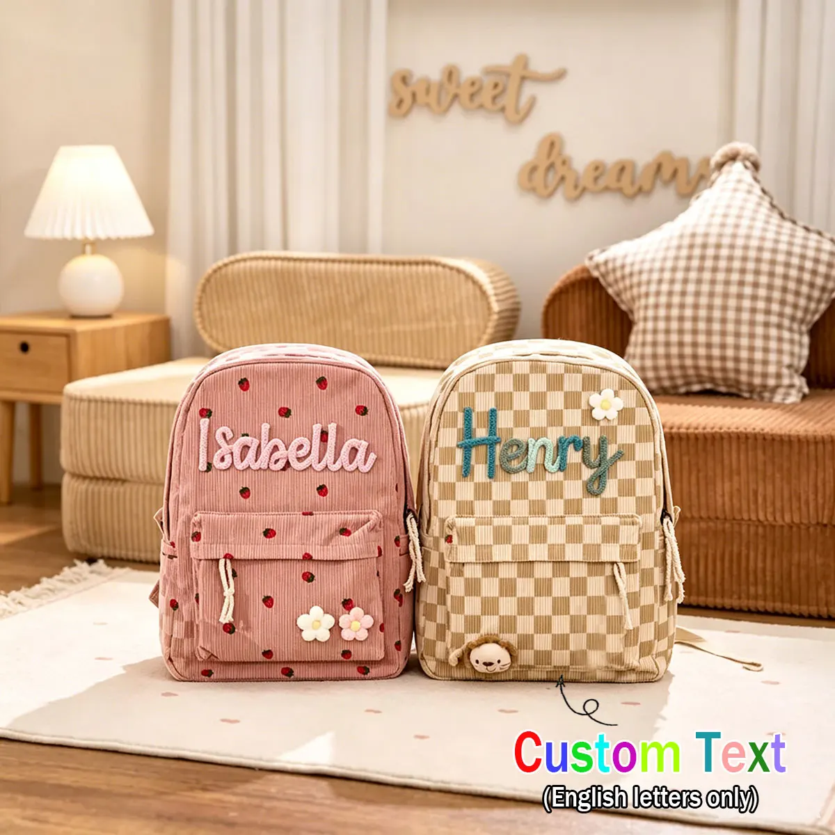 1pc Personalized Corduroy Backpack, Strawberry/Checkered Pattern, Simple and Spacious, Perfect Back-to-School Gift