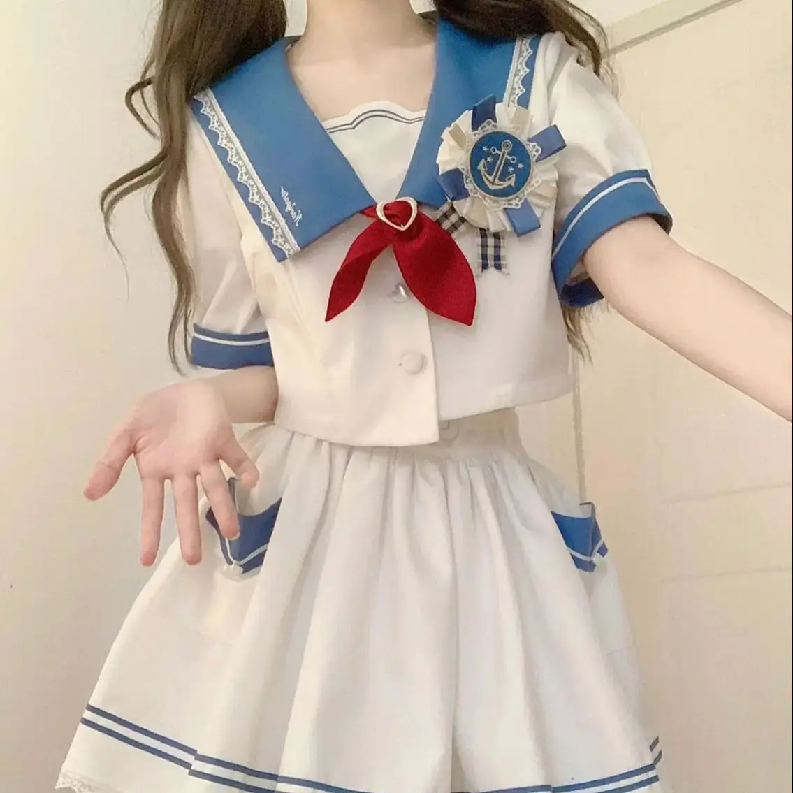 Jk Uniform Contrast Color Short Sleeve Puff Sleeves Navy Collar Top + Pleated Ruffles Skirt Summer Preppy Style Chic Fashion