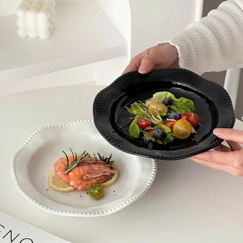 Elegant Beaded Ceramic Plates Black White Wavy Plate Ceramic Salads Seafood Serving Plates Ruffled Dinner Plate Kitchen Tools