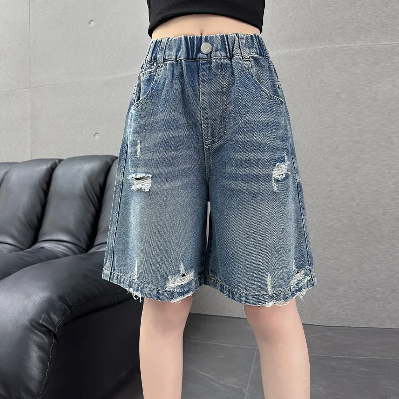 Kids Child Distressed Ripped Denim Shorts for Teenage Girl Blue Black Color Broken Destroyed Summer Jeans Capris Street Style