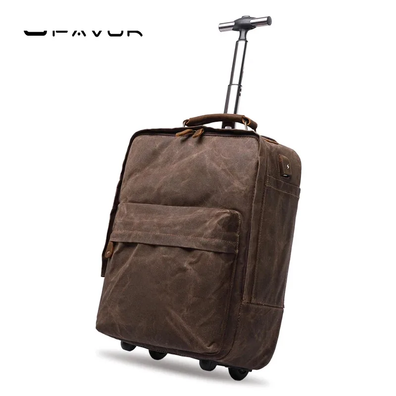 

High quality waxed weekender leather luggage trolly travel canvas duffle trolley bag for travelling