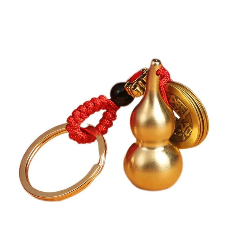 Feng Shui Five Emperors Money Copper Gourd Keychain Wealth Ox Statue and Wu Lou Gourd Calabash With Brass Coins