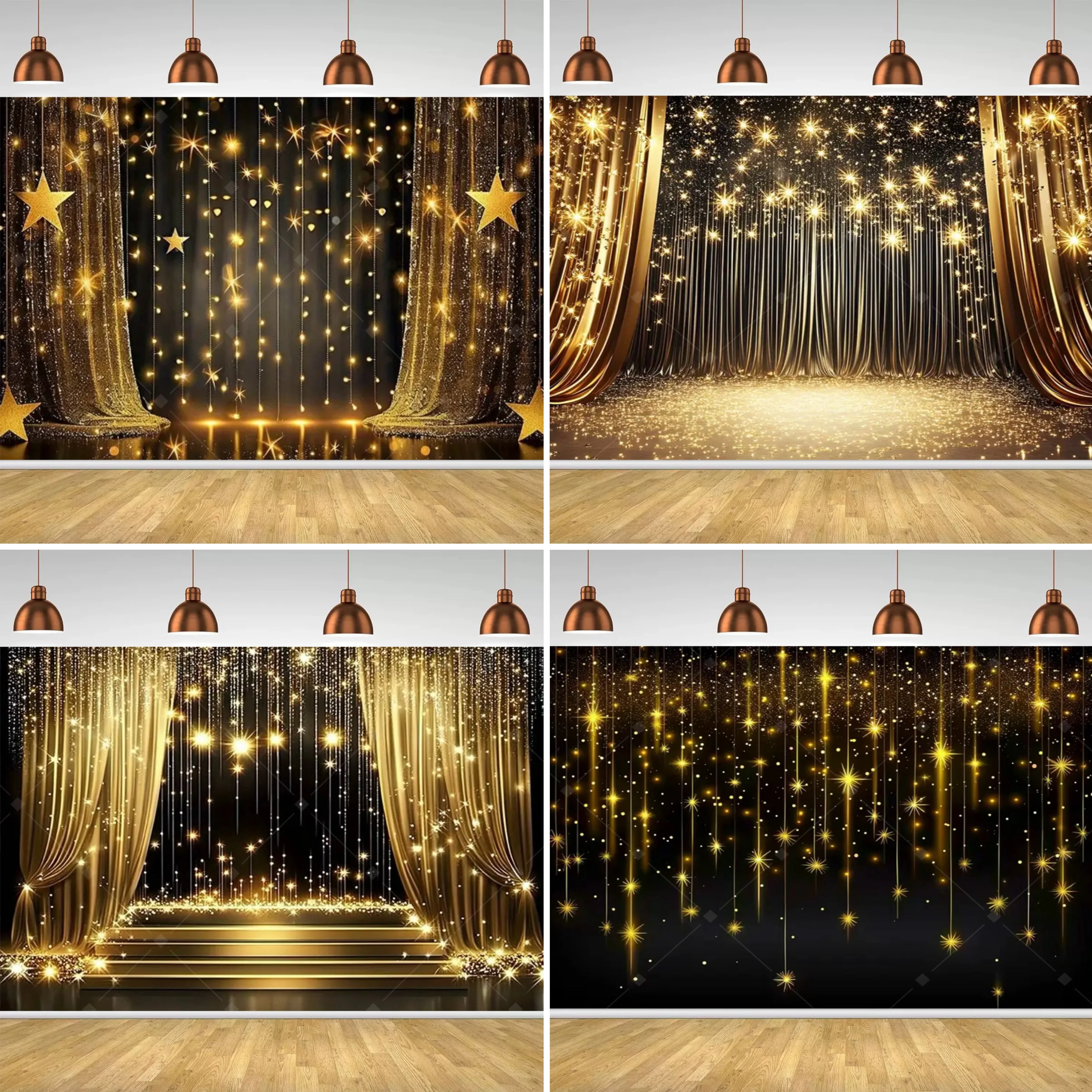 Schwarzgold schimmernder Bühnen-Dekorationshintergrund, sternförmig, schimmerndes Gold-Polka-Dot-Banner, geeignet für Geburtstag, Hochzeit, Cele