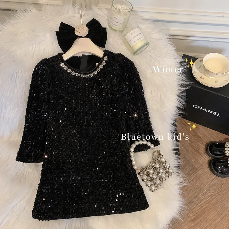 

High-End ' New Winter Clothes Western Style Girls' Fleece-Lined Princess Dress Children'S Fashionable Sequined Heavy