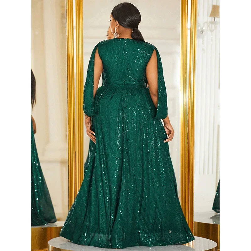 Plus Size V-Neck Dark Green Sequined Floor-Length Evening Dress 4xl5xl Bigsize Slit Sexy Banquet Shiny Multi-Color Women's Dress