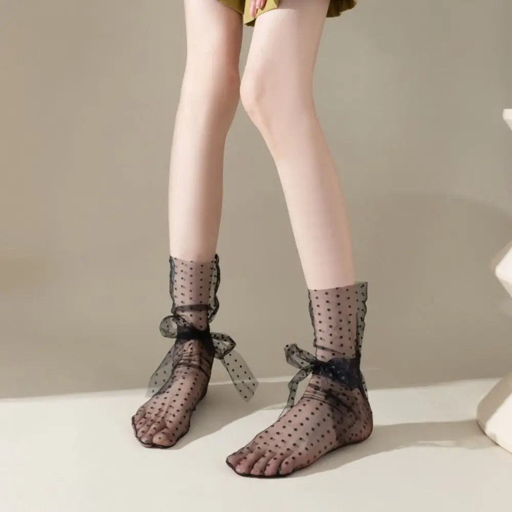 Sweet Tulle Mesh Tulle Bow Short Socks Sheer Transparent Lace Dot Middle Tube Socks Lolita Non-slip Lady