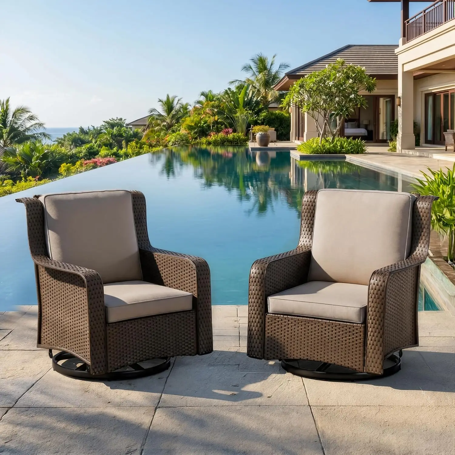 PE Wicker Rattan Outdoor Swivel Rocking Chairs With Soft Cushions For Porch Lawn Balcony Patio 2 Piece Set, Customized