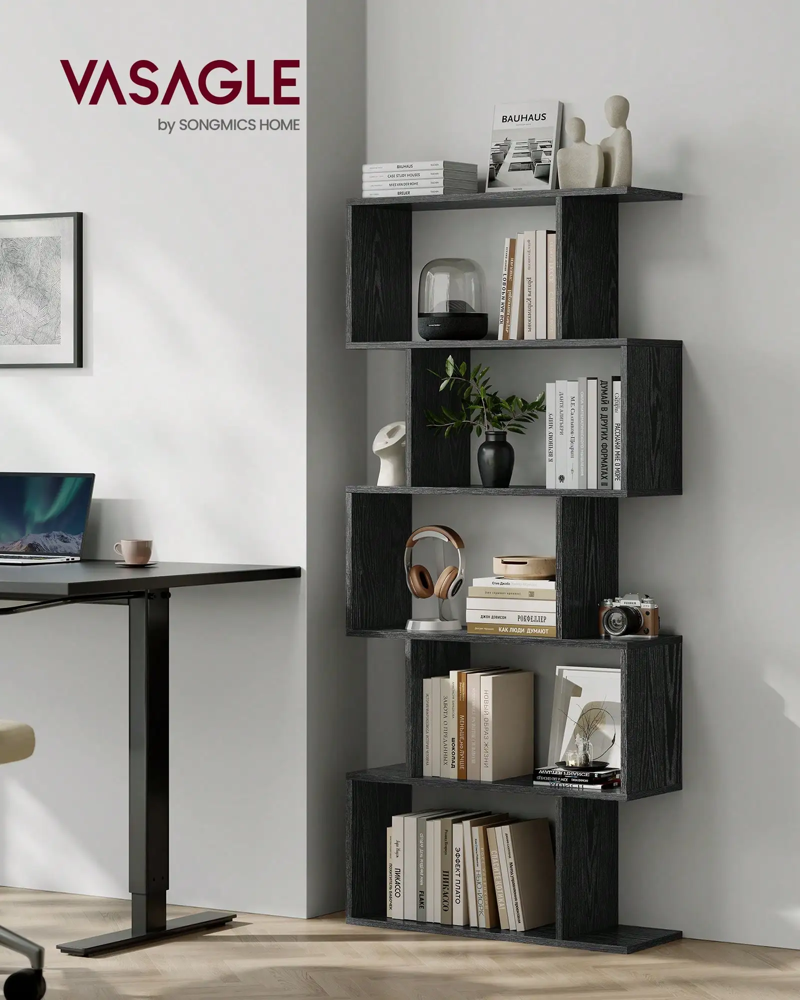 VASAGLE Wooden Bookcase, Display Shelf And Room Divider, Freestanding Decorative Storage Shelving, 5-Tier Bookshelf, Greige, 9.4D X 27.6W X 62.6H In