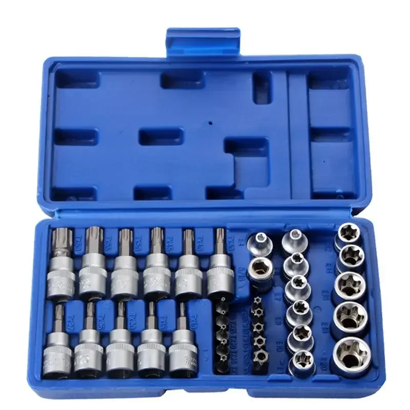 3/8 Inch & 5/16 Inch Drive Bit Socket Set 34 Piece Torx Bit & External Star Socket Set with Carrying Case, (T10-T60, E4-E20)