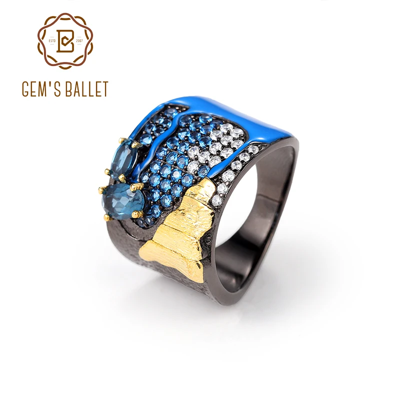 

GEM'S BALLET Chinese Elements Jewelry Natural London Blue Topaz Ring 925 Sterling Silver Moon, Sailboat, Sea Handmade Rings