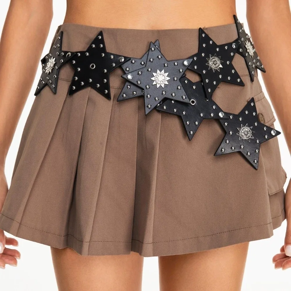 Trendy Retro Star Patchwork Belt Five-Pointed Star Wide Punk Belt PU Leather Western Cowboy Belt for Women