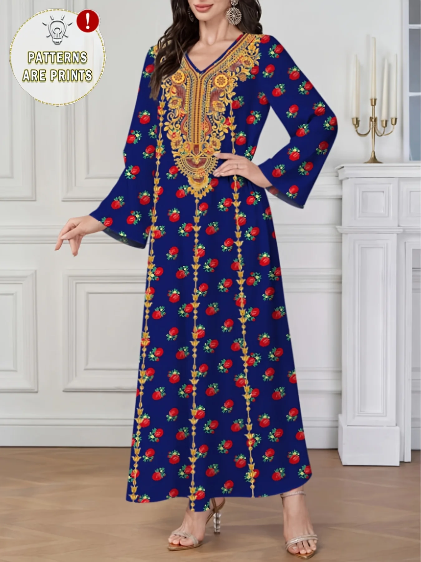 plus Size Middle Eastern Elegant Gown Spring Autumn Fashionable Women's Ethnic Print Holiday Style Long Sleeve Dress