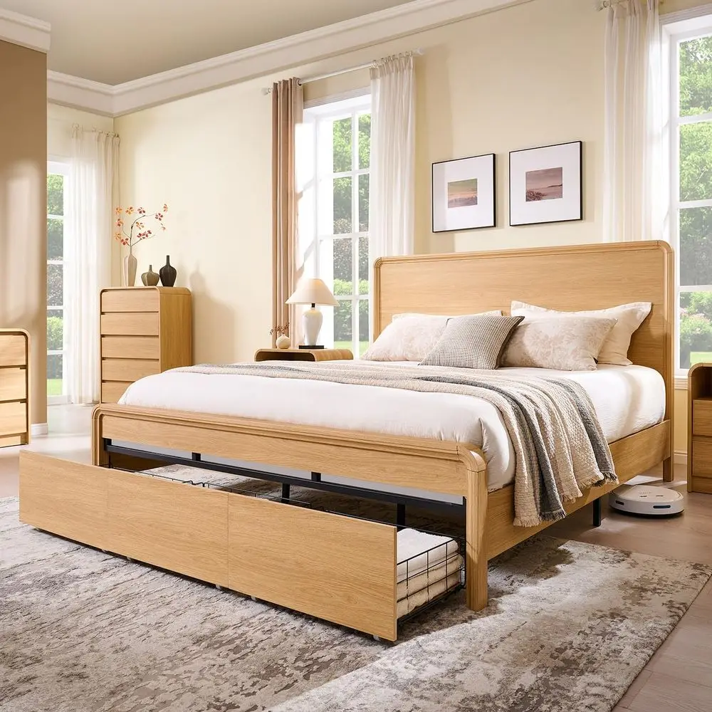 

Modern King Size Bed Frame with 50 Tall Headboard, Wood King Size Platform Bed Frame w 3 Storage Drawers, Curved Profile Design
