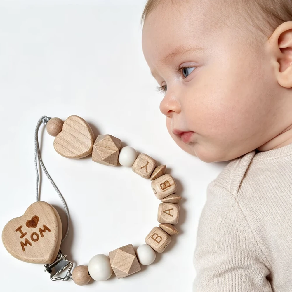1PCS handmade I love mom custom baby name beech wood bead clip Pacifier Chain Holder for Teething Soother Chew Toy Dummy Clips