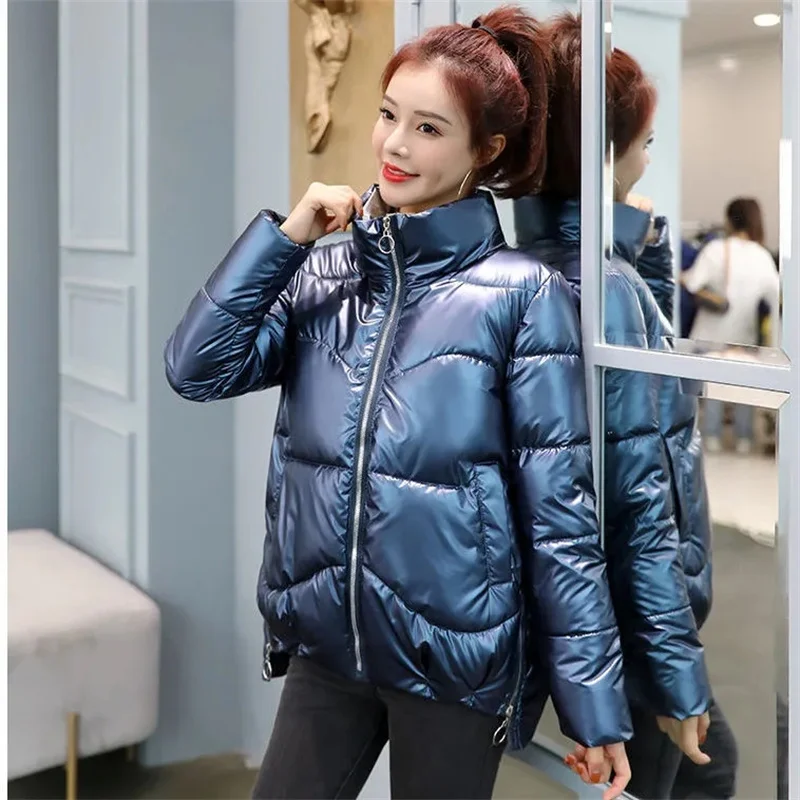 Women Parkas Winter Jacket 2022 New Long Sleeves Thick Warm Coat Glossy Casual Female Cotton Padded Jacket Puffer Parka Outwear