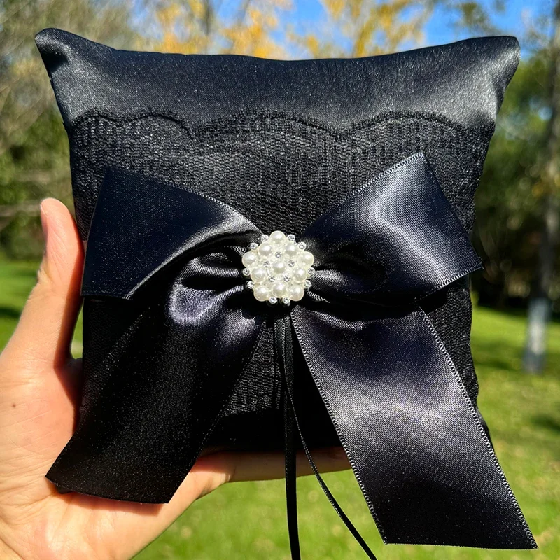 Wedding Ring Bearer Pillow Black Wedding Pillow for Ring Bearer Pearl Bowknot Wedding Accessroies